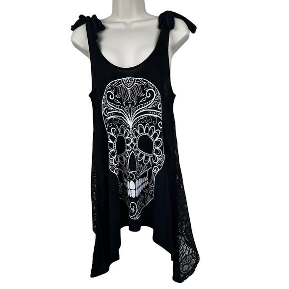 Hot Topic Sugar Skull Knot Girls Tank Top Mesh Crochet Goth Grunge Punk Black Sm - Picture 1 of 12